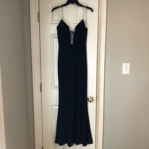 Navy Form Fitting Long Prom Dress